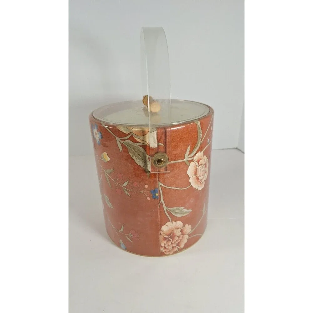 Vintage Chinoiserie Palm Beach Ice Bucket With Plastic And Bamboo Handle‎ W/ Lid